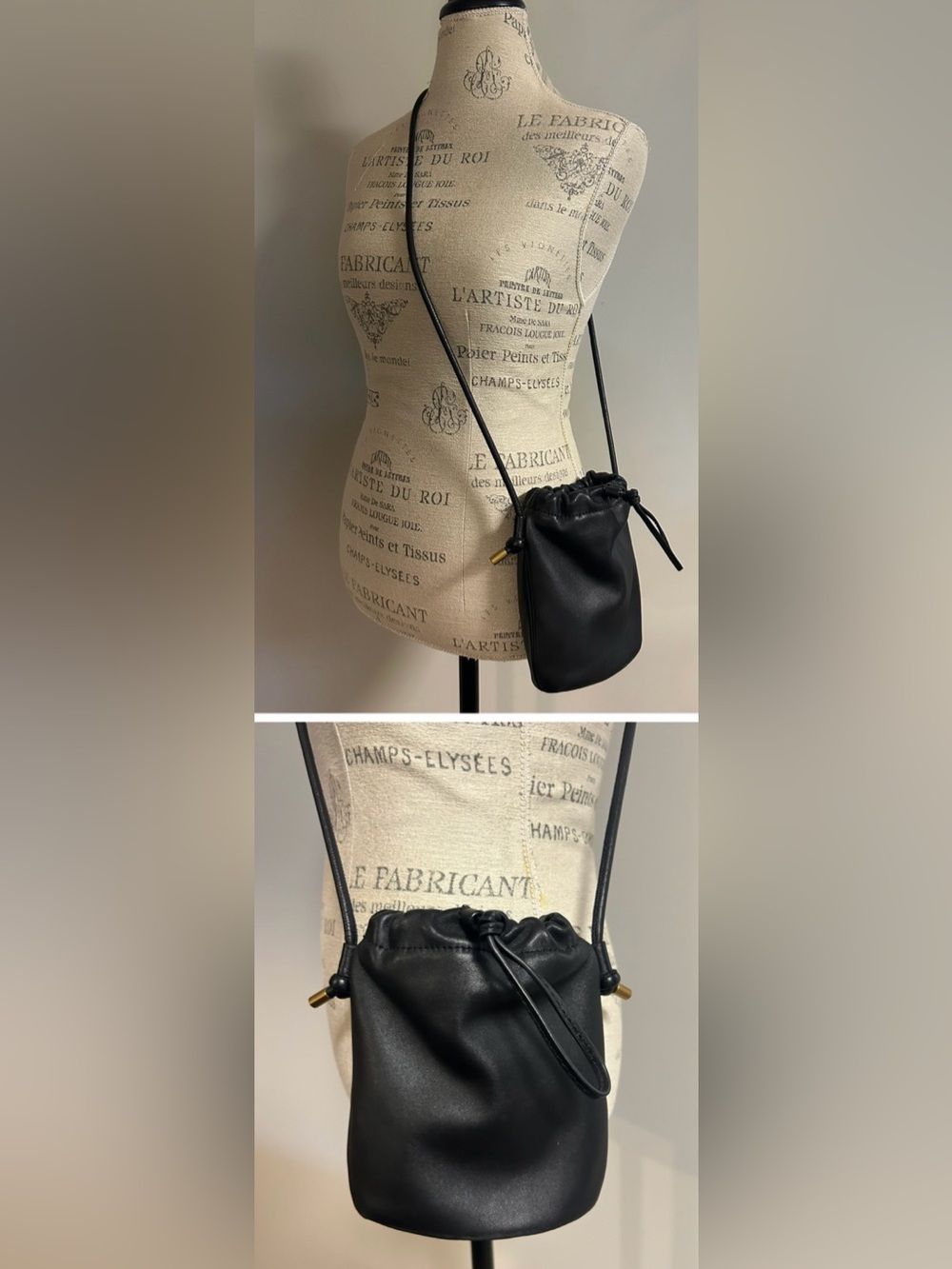 Zara Black Small Bucket Purse Bag Soft Leather Crossbody Shoulder Drawstring